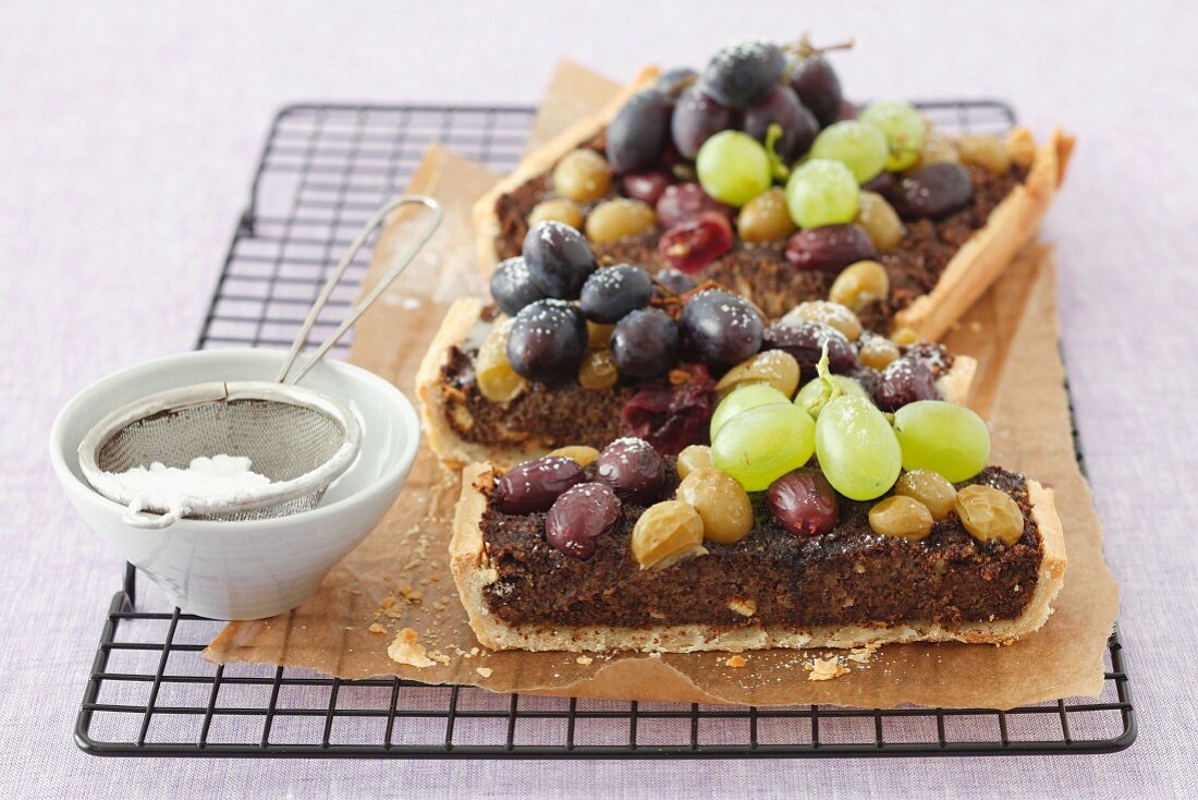 Poppy seed tart topped with grapes