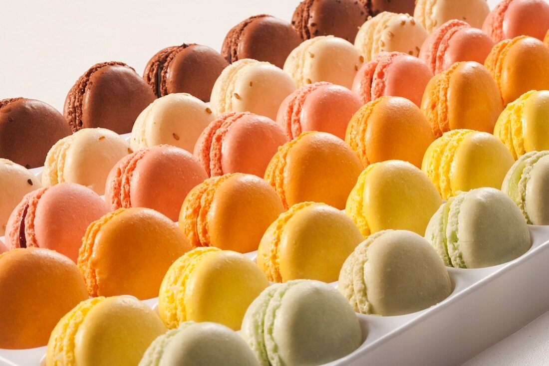 Verschiedenfarbige Macarons in Reihen nebeneinander