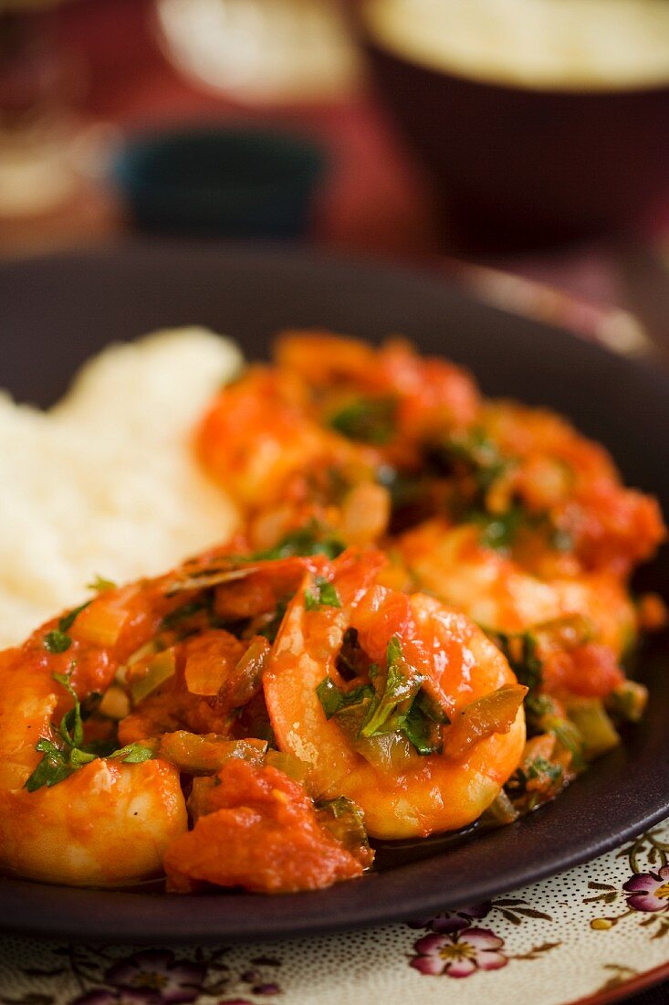 Shrimp in a Tomato Sauce with Chopped Parsley; Mashed Potatoes