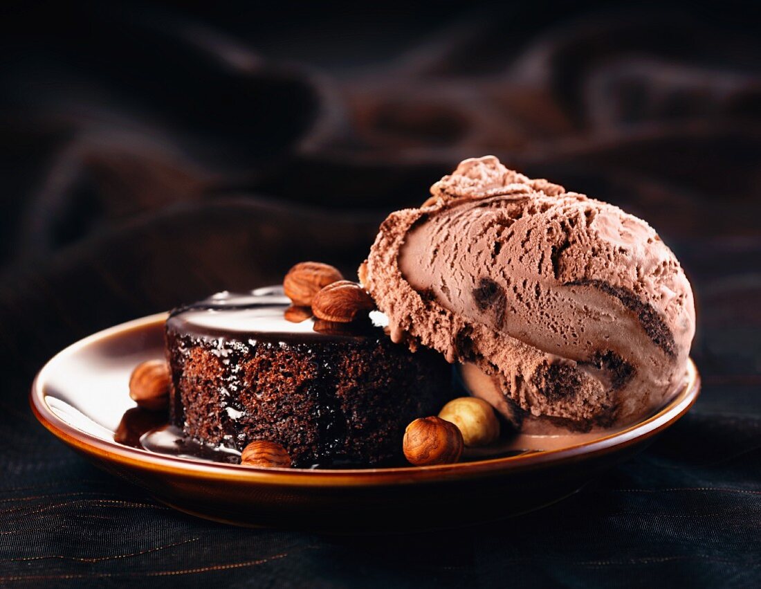 Chocolate tartlet with hazelnuts and chocolate ice cream