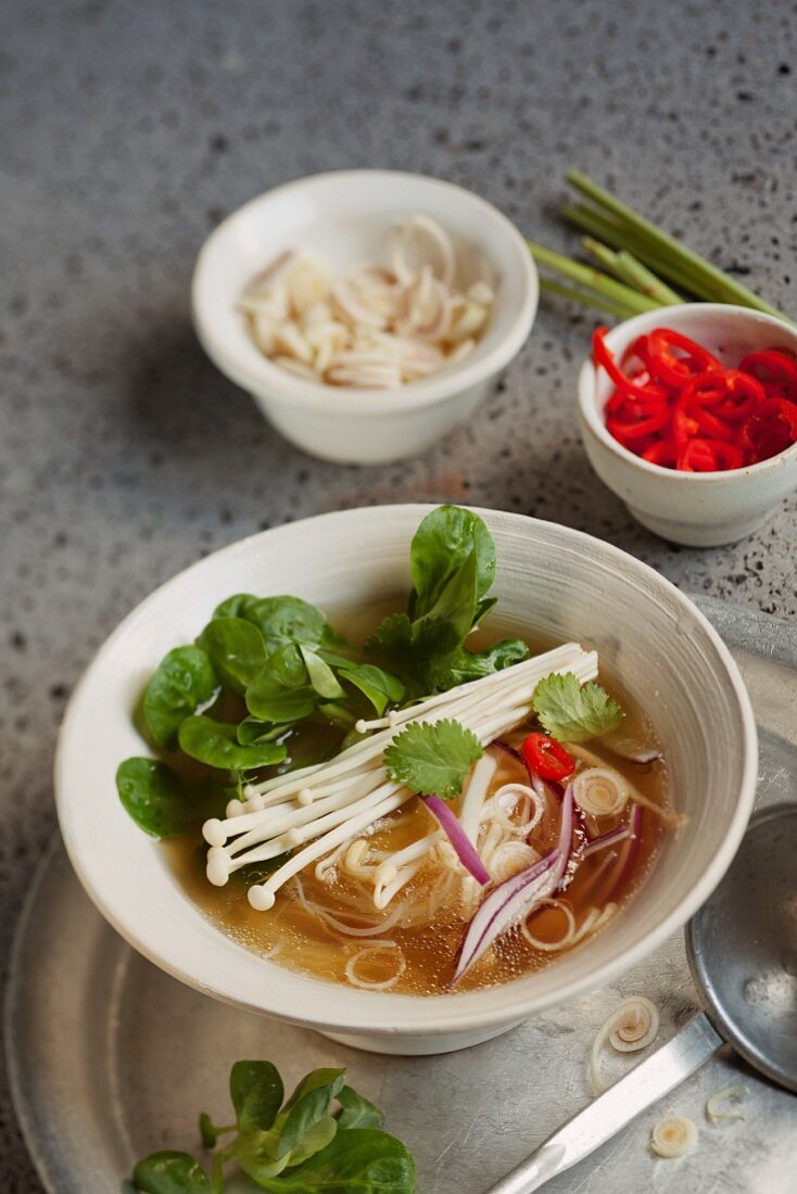 Vietnamesische Suppe mit Gemüse und Reisnudeln