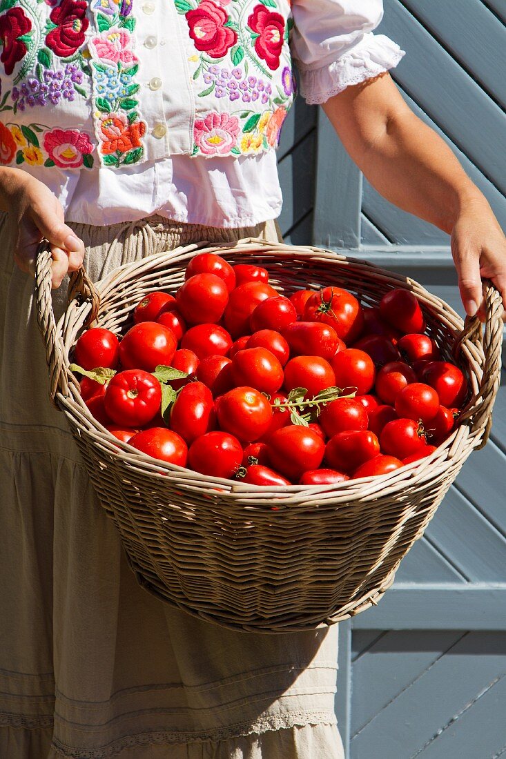 A woman in a traditional Hungarian blouse holding a basket of tomatoes