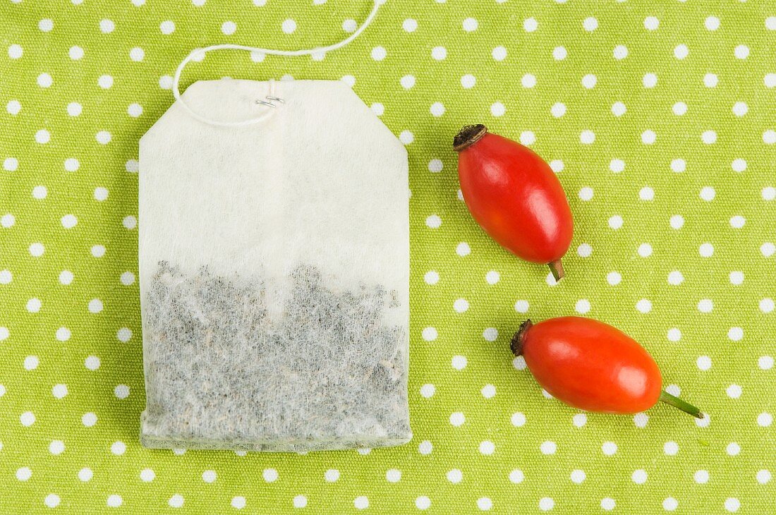 A rose hip tea bag with two rose hips next to it