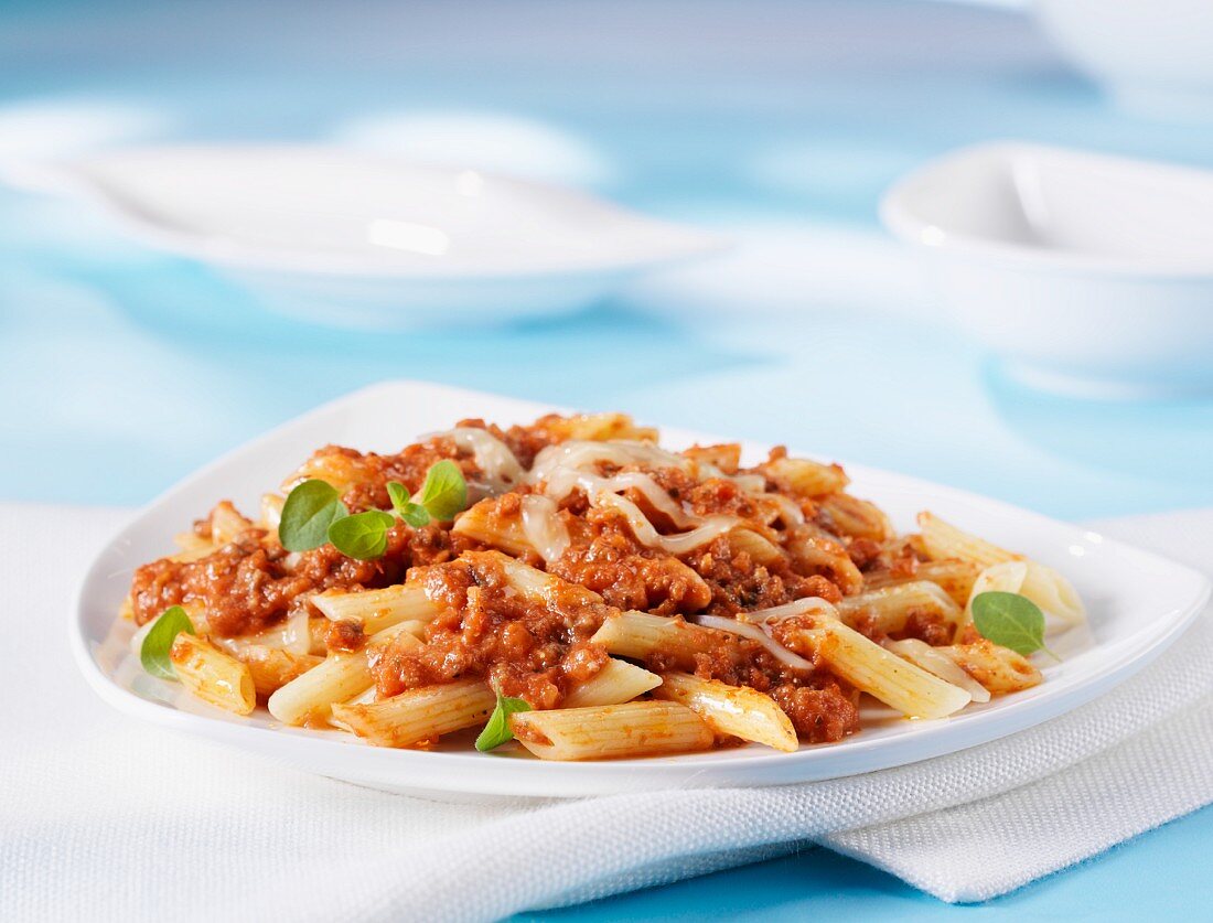 Penne alla bolognese (pasta with meat sauce, Italy)