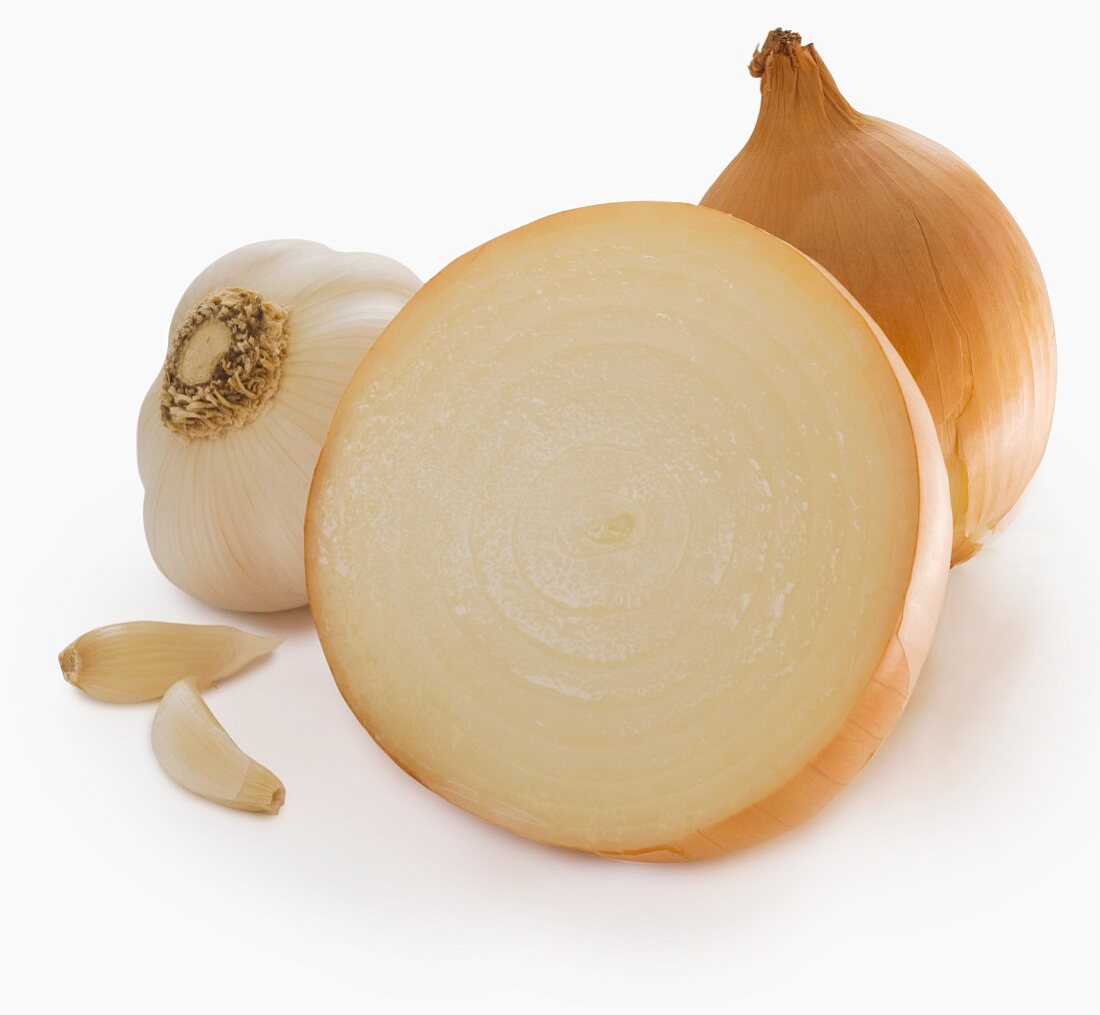 Yellow Onion and Garlic on a White Background
