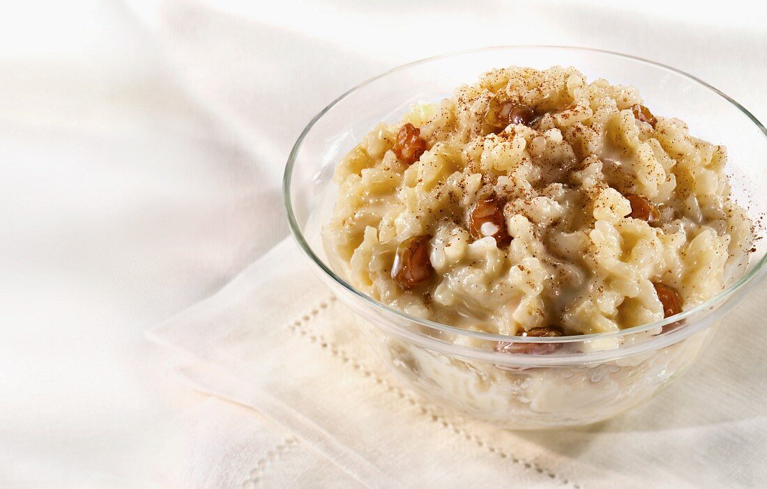 Glass Bowl of Rice Pudding with Raisins