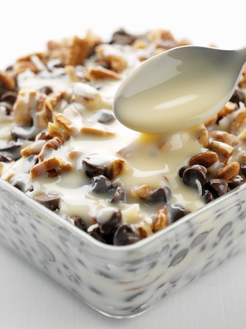 Condensed milk with nuts and chocolate chips