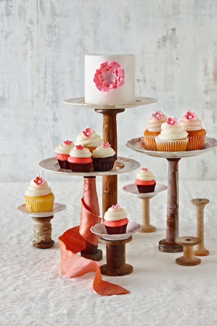 Fondant-Torte & verschiedene Cupcakes auf Holzständern