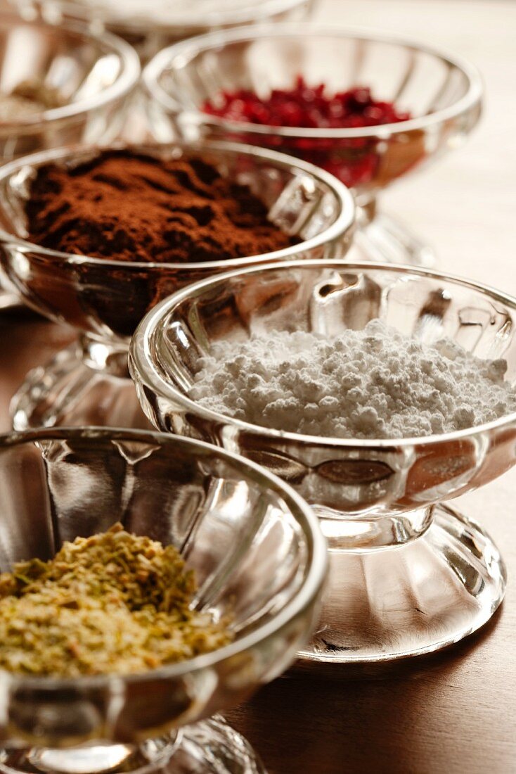 Glass Bowls of Assorted Toppings for Chocolate Truffles