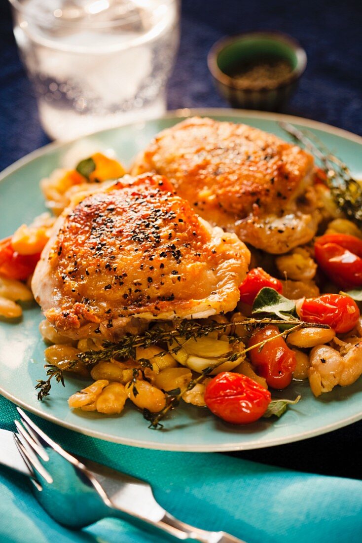 Seasoned Chicken Thighs Over White Beans and Tomatoes; Thyme