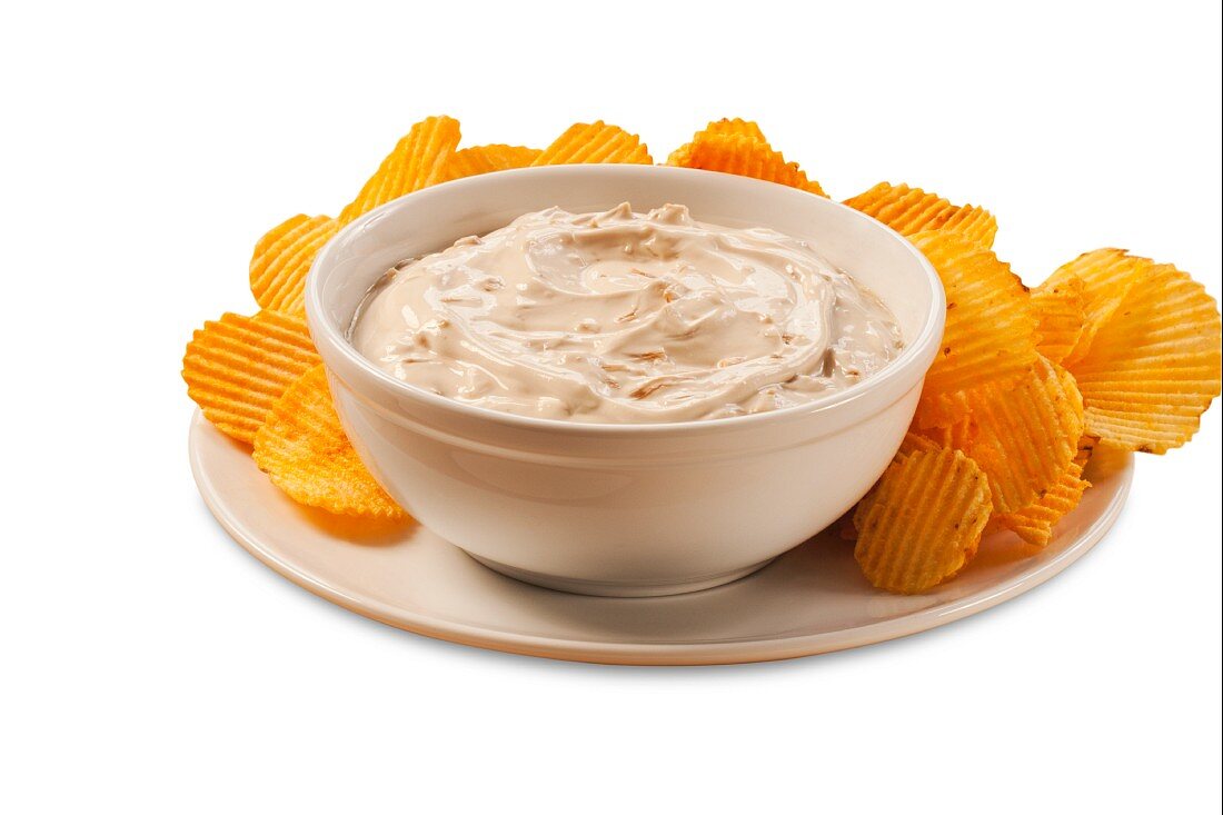 Bowl of Onion Dip with Barbecue Chips