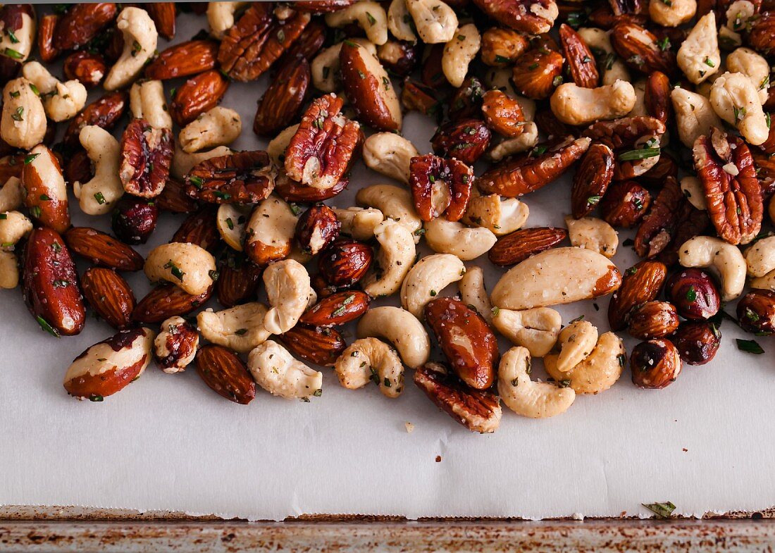 Roasted Mixed Nuts on Parchment Paper
