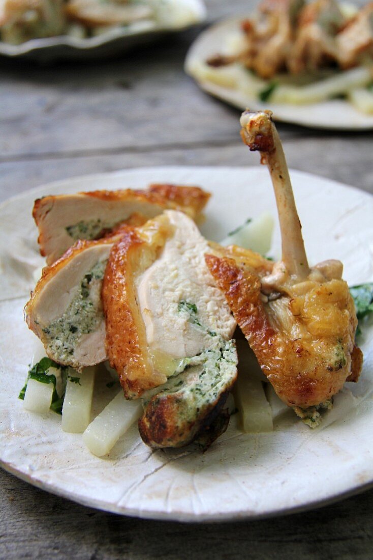 Stuffed guinea fowl, sliced