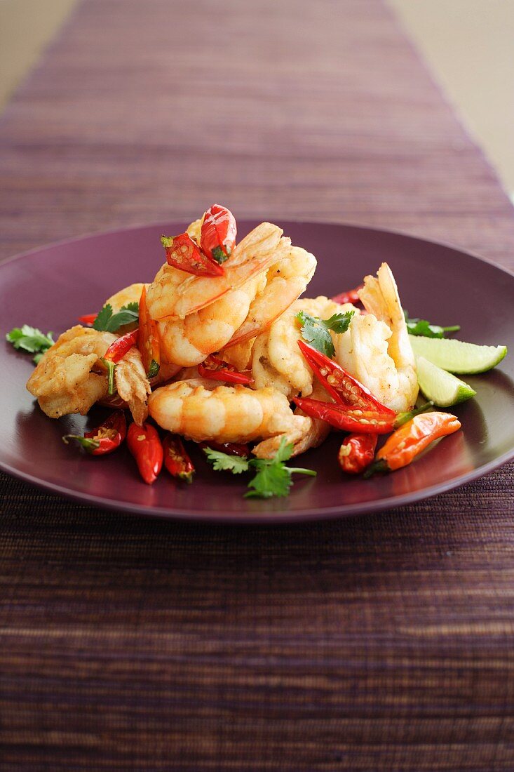 King prawns with chilli peppers and coriander