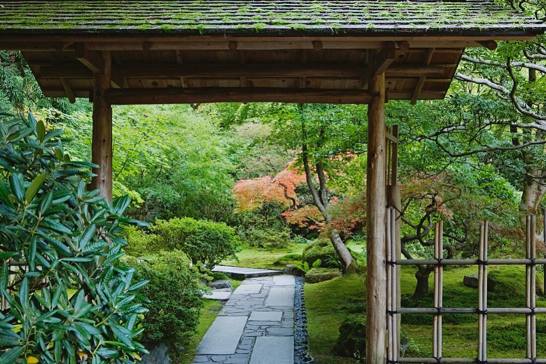 Japanese bamboo gate with roof in Portland's Tea Garden