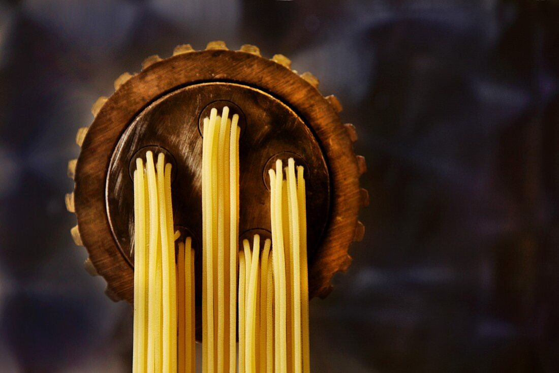 Spaghetti kommen aus der Nudelmaschine