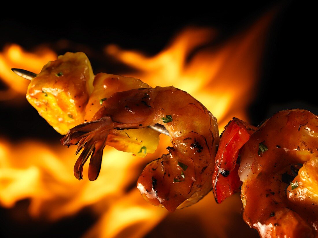 Shrimp Kabob in Front of Flames
