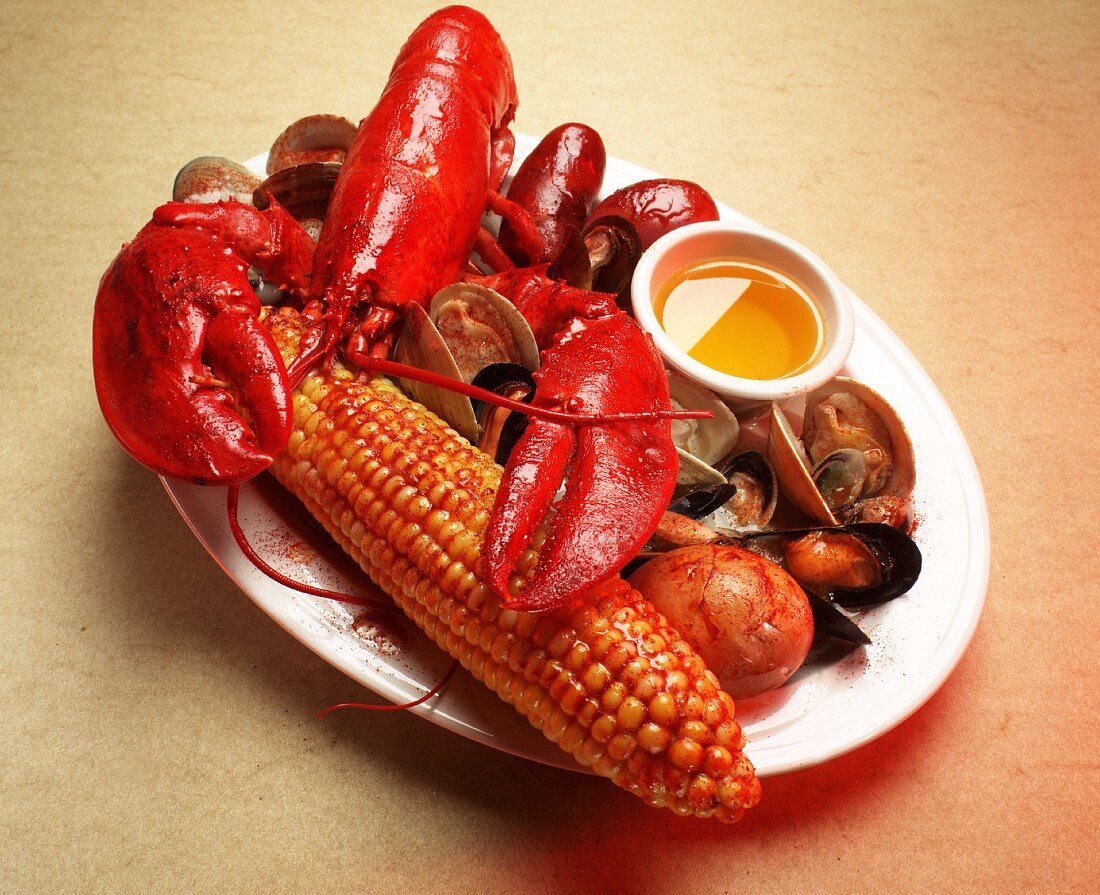 Seafood Platter with Lobster, Corn on the Cob, Clams and Mussels