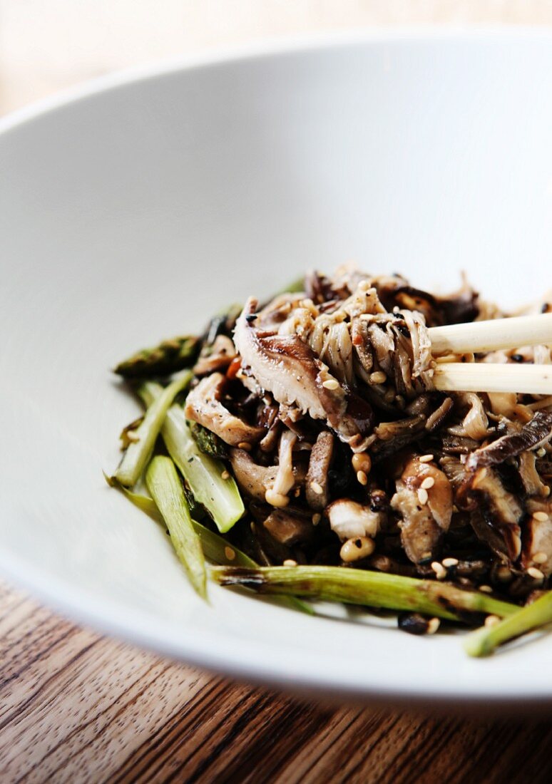 Warm Japanese Mushroom Salad with Sauteed Enoki and Shiitake Mushrooms and Asparagus