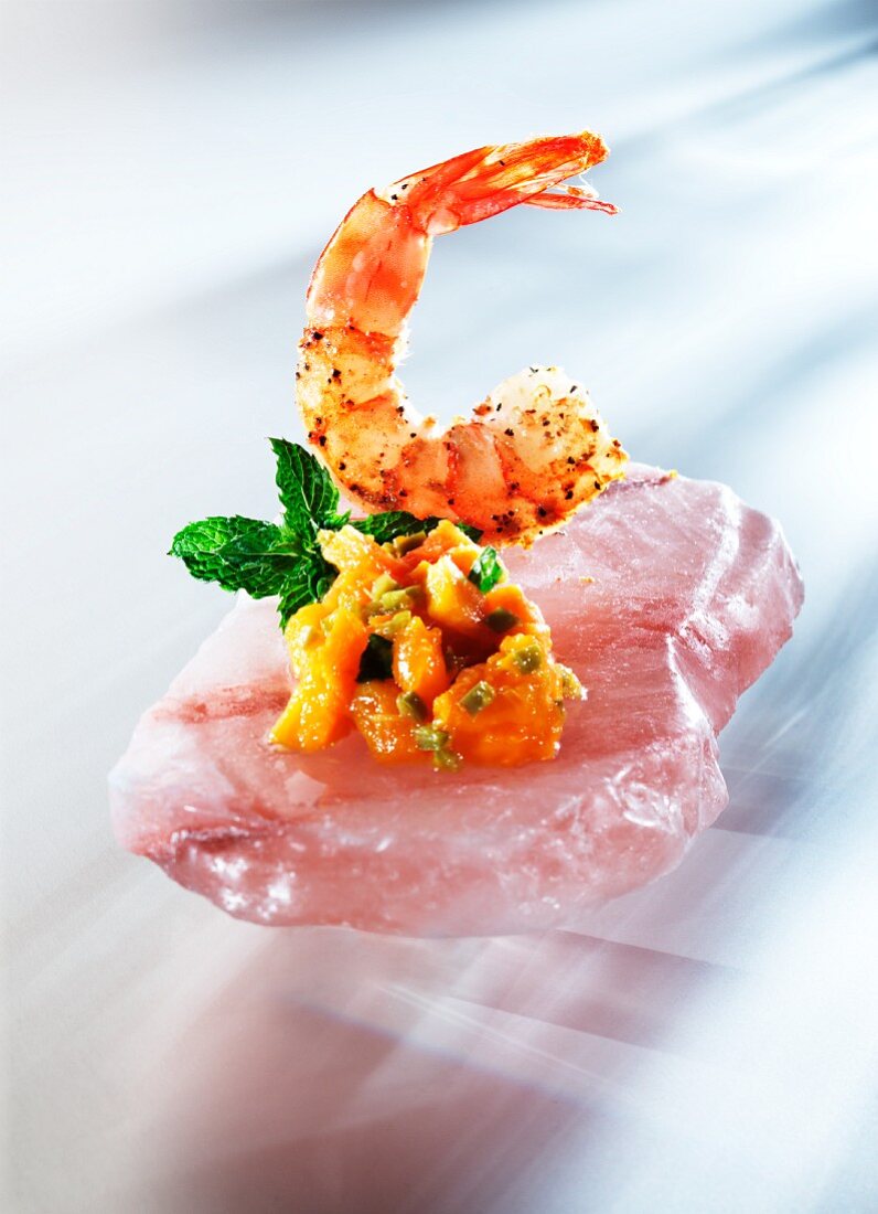 Shrimp with Fruit Compote on Salt Block
