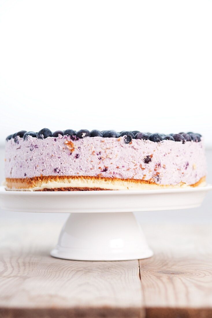 Blueberry and quark cake on a cake stand