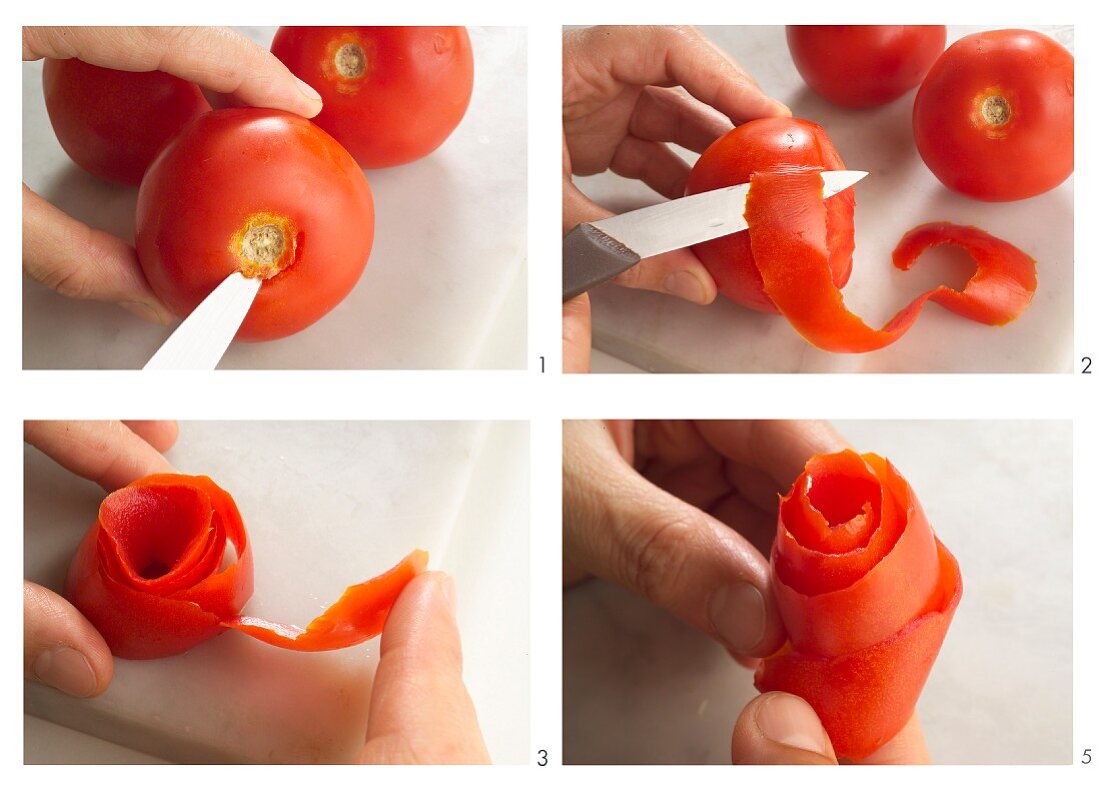 A tomato rose being made