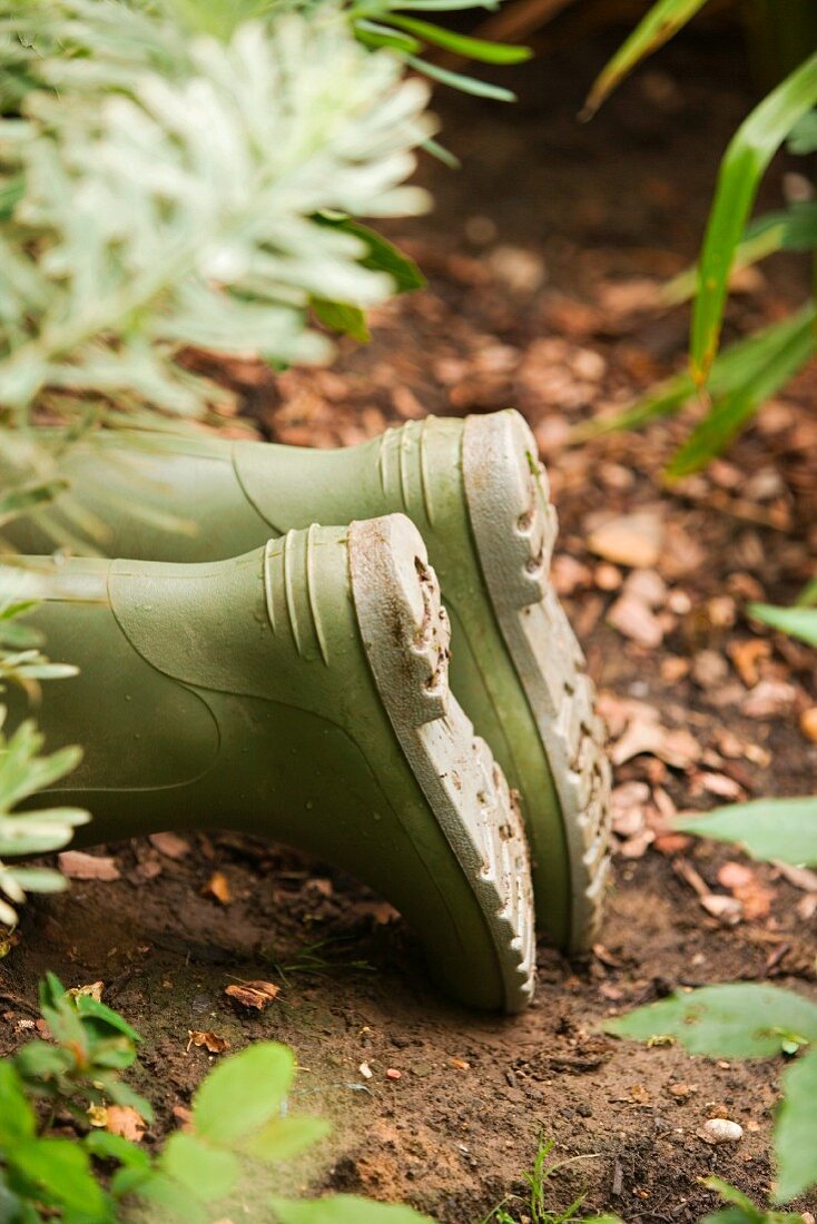 Ein Paar Gummistiefel im Garten