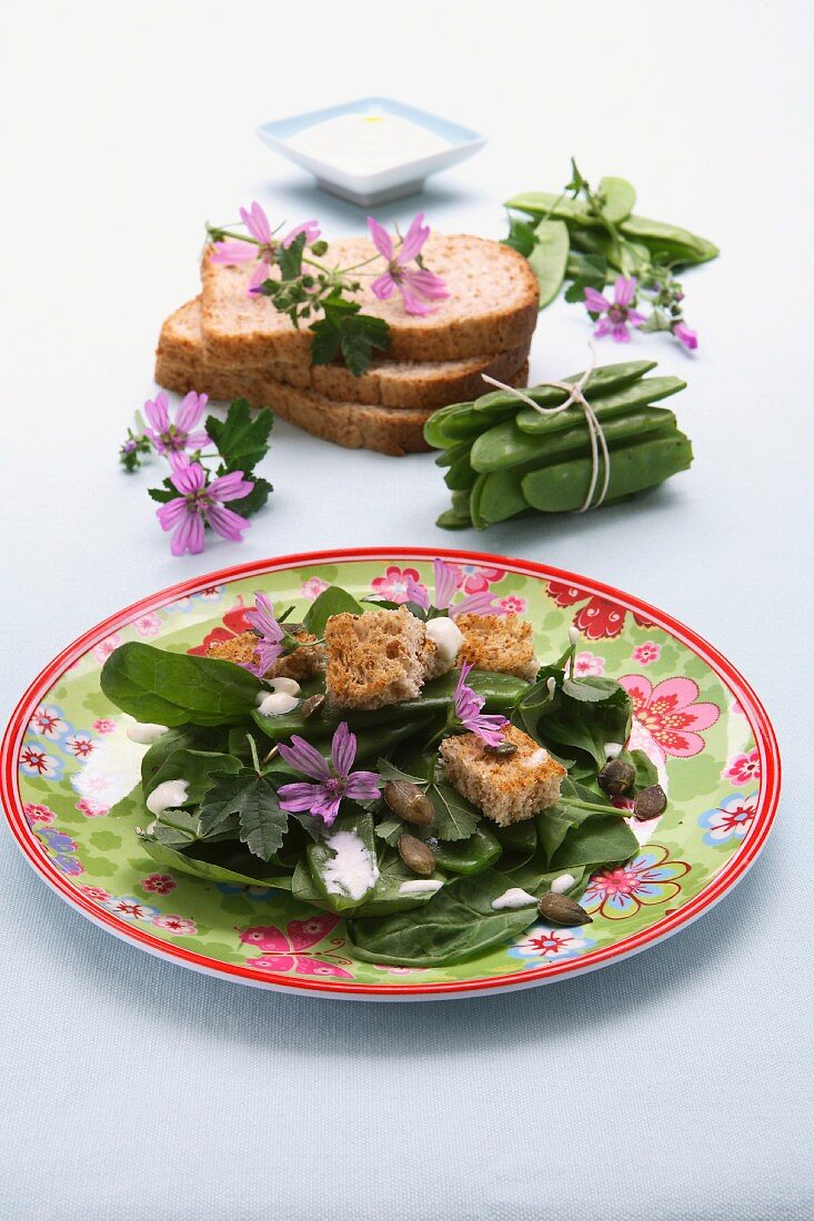 Gemischter Salat mit Kürbiskernen, Brotwürfeln und Joghurtdressing