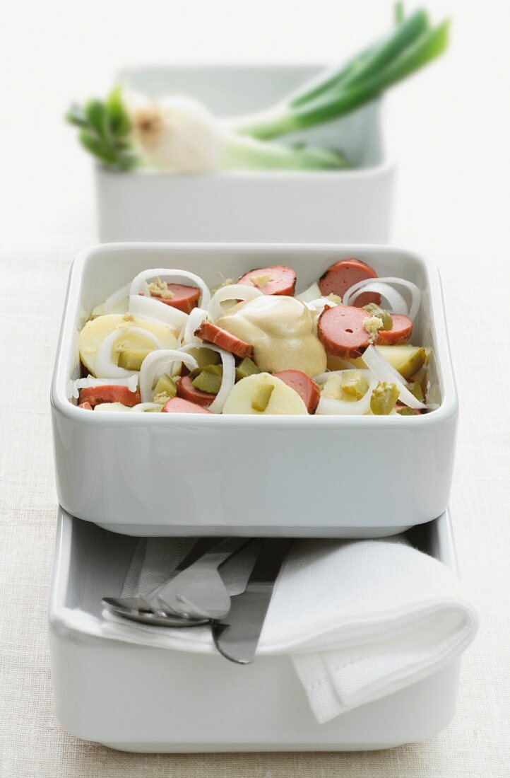 Potato salad with sausage and onions