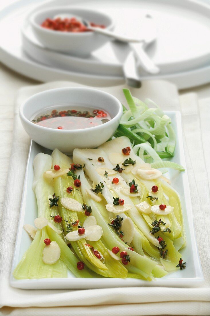 Leek with pink pepper and thyme