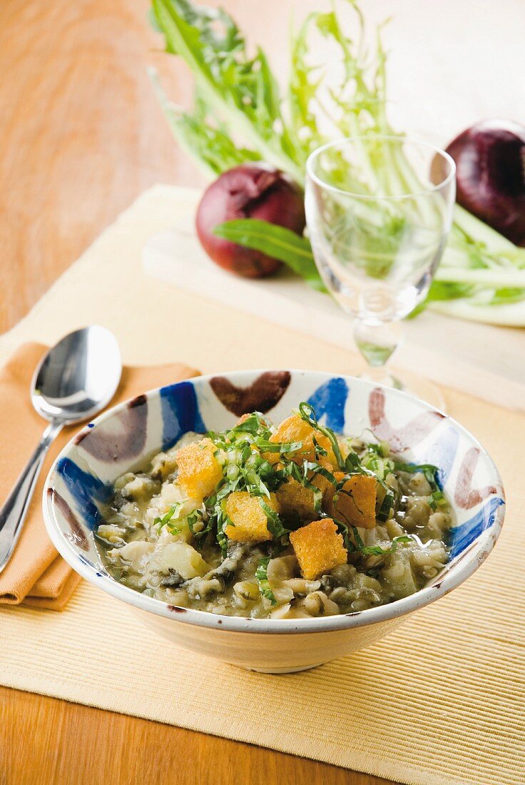 Macco (fava beans with fennel, onions and croutons, Italy)