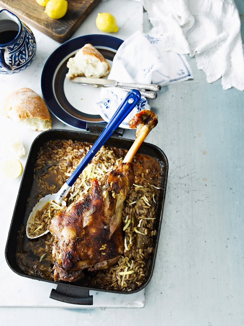 Roasted leg of lamb with noodles for a Greek Easter celebration