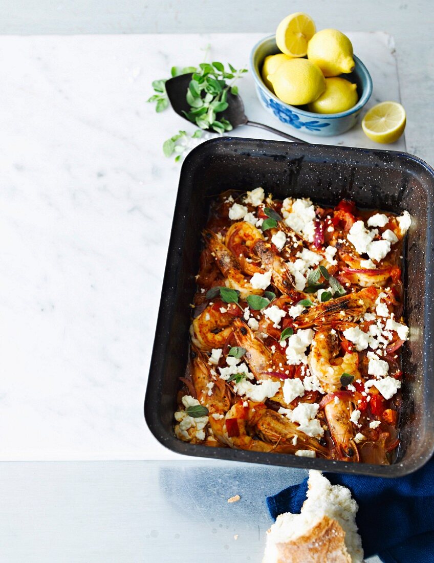 Saganaki Garnelen mit Feta und Oregano (Griechenland)