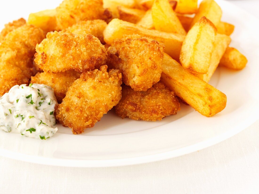 Breaded scampi with chips