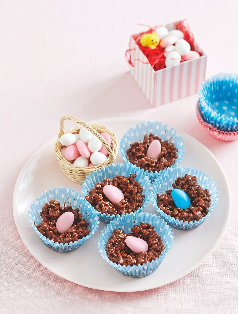 Easter treats made with chocolate, crisped rice and sugar eggs
