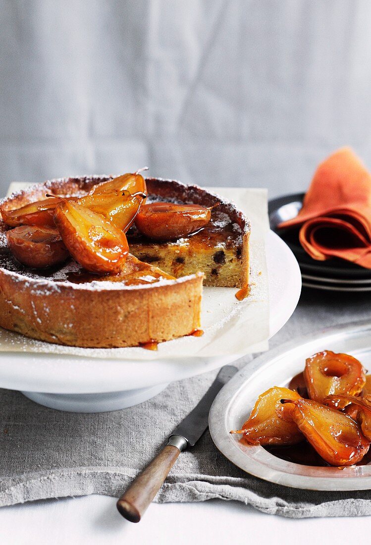 Torta di riso (rice cake, Italy) with marsala-soaked pears