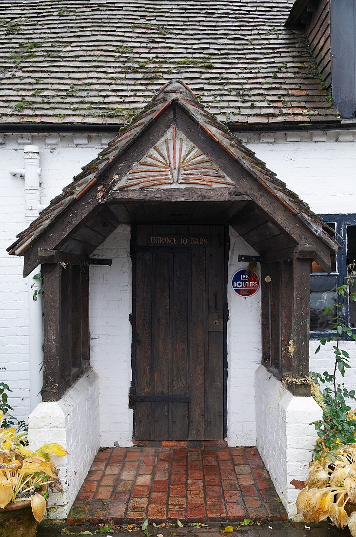 The entrance of a rustic restaurant