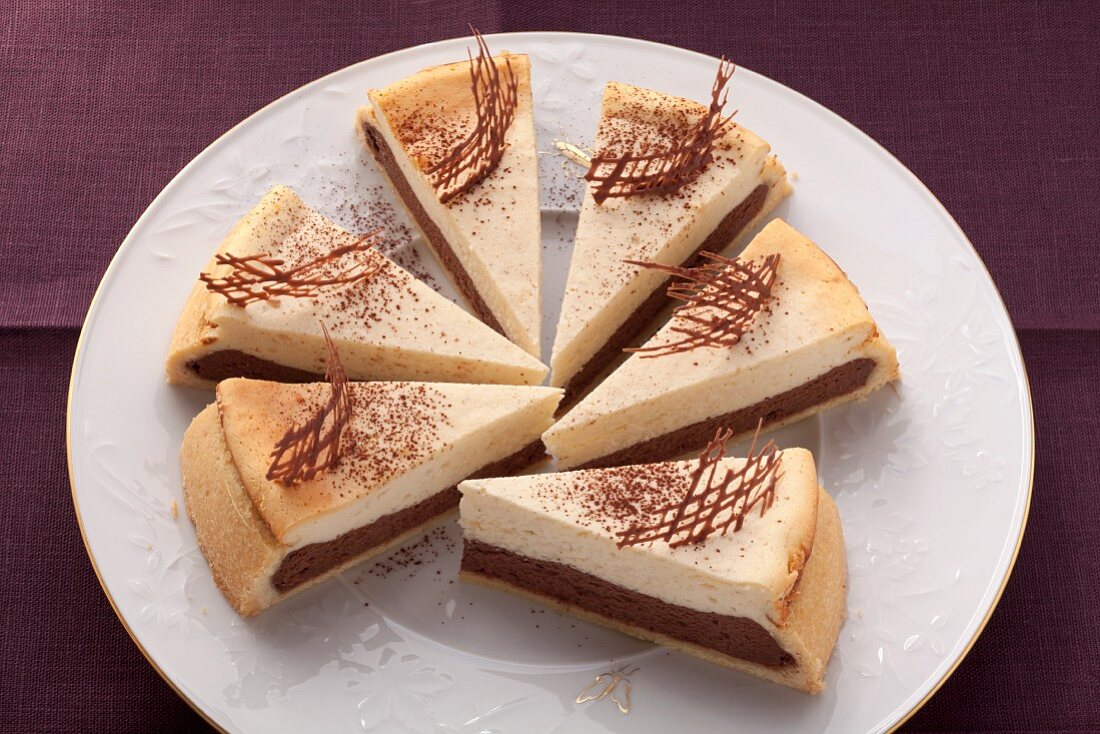 Cheesecake with chocolate filling on a white plate