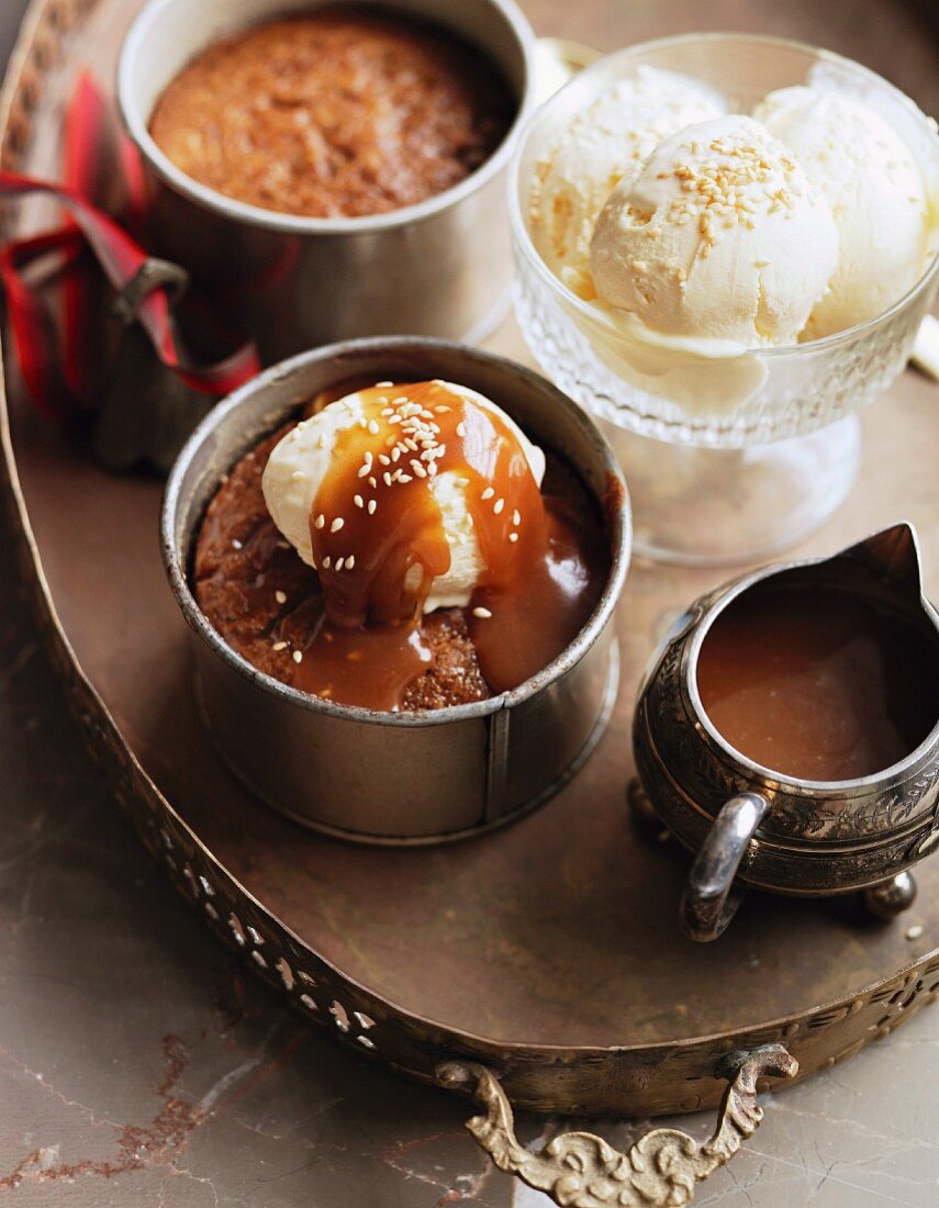 Date pudding with sesame ice cream and salted caramel