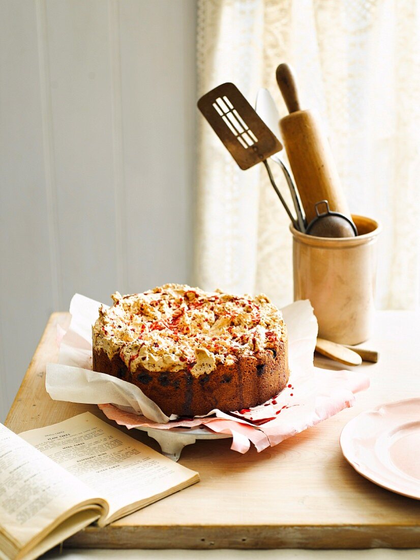 Cherry cake topped with coconut meringue