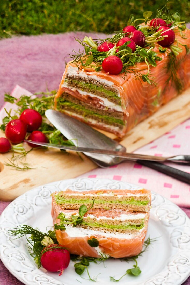 Salmon terrine with pea creme and radishes (Sweden)
