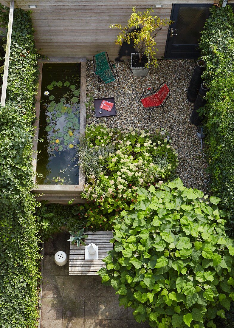 View down onto terrace with pond