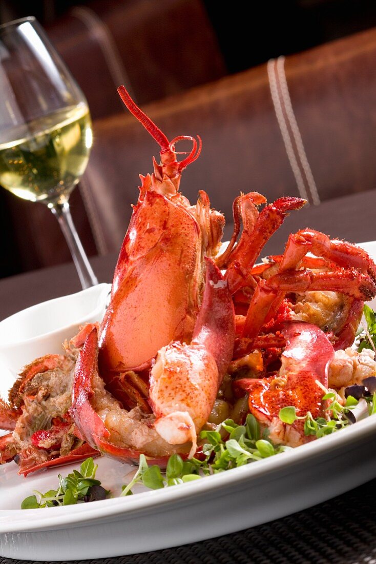 Whole Lobster with Fresh Greens on a Plate; Glass of Chardonnay