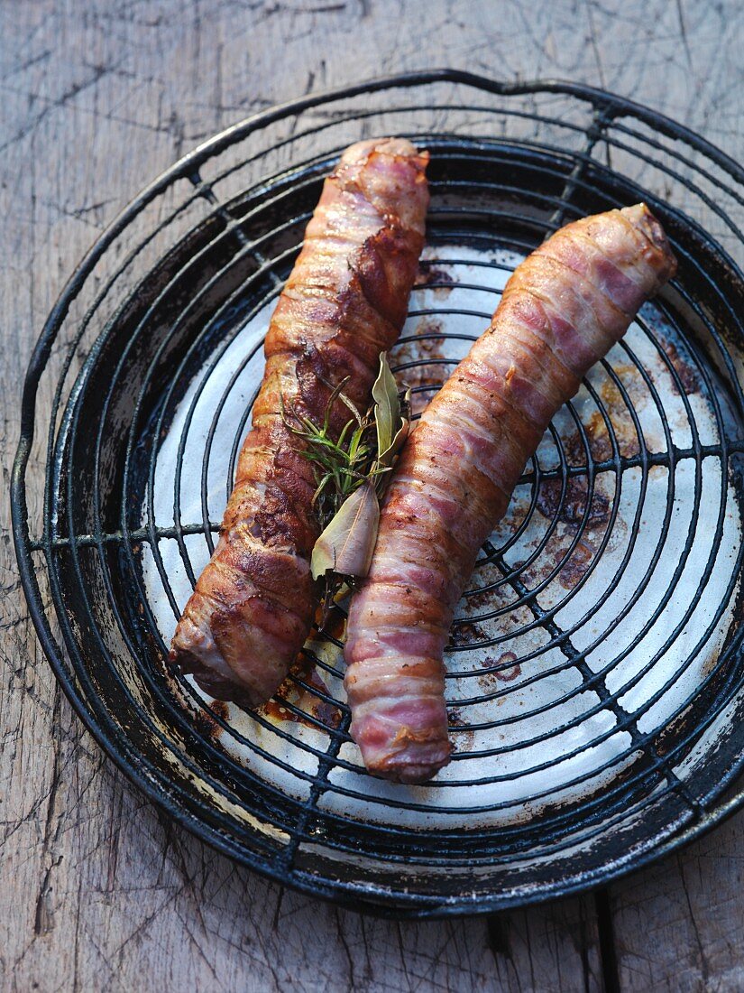 Venison roulade wrapped in bacon