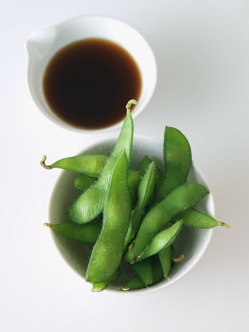 Edamame Pods and a Small Bowl of Soy Sauce