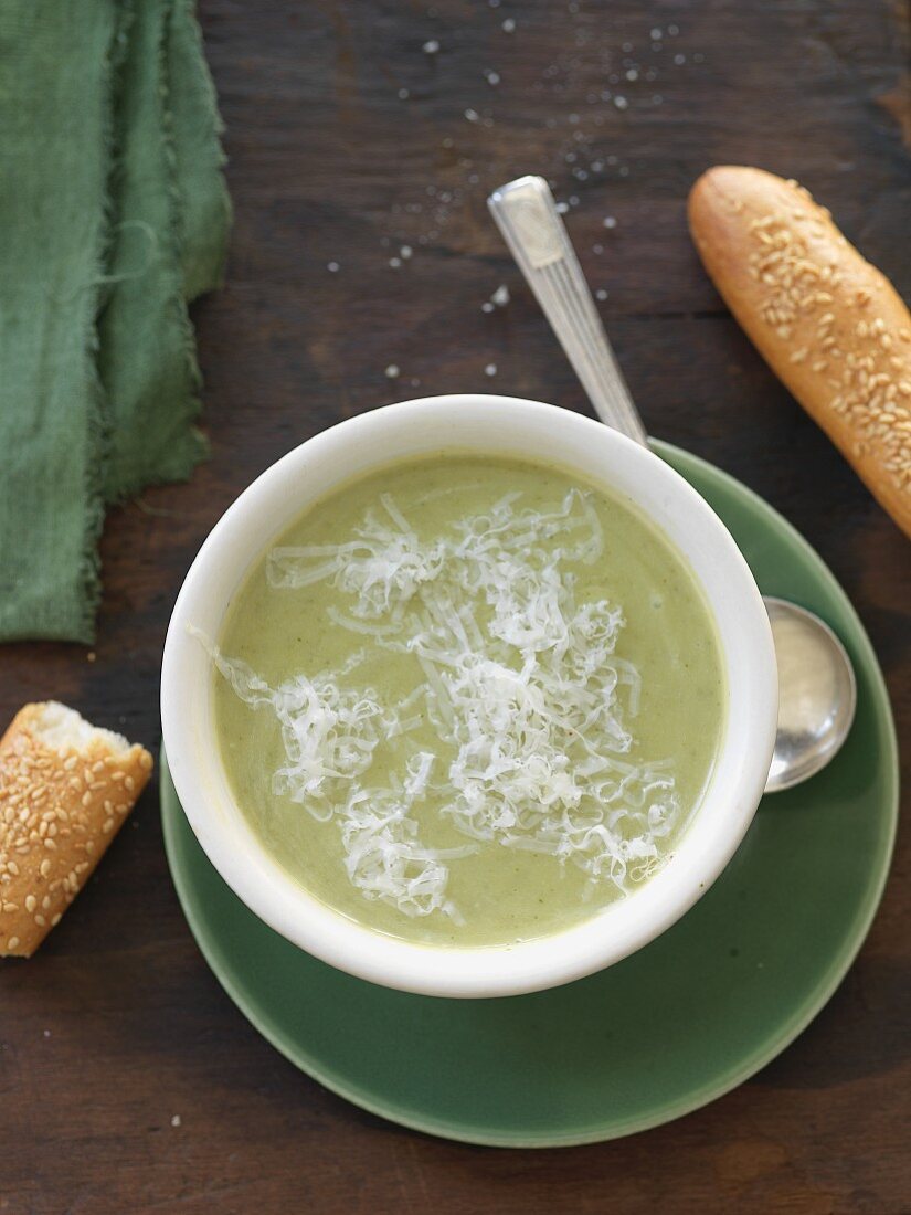 Bowl of Broccoli and Cheese Soup ; With Bread; From Above