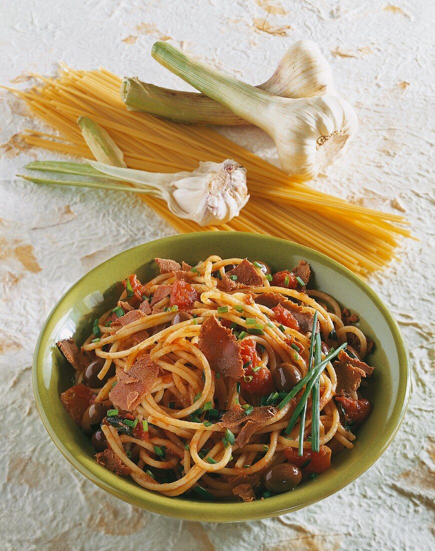 Spaghetti with bottarga and olives