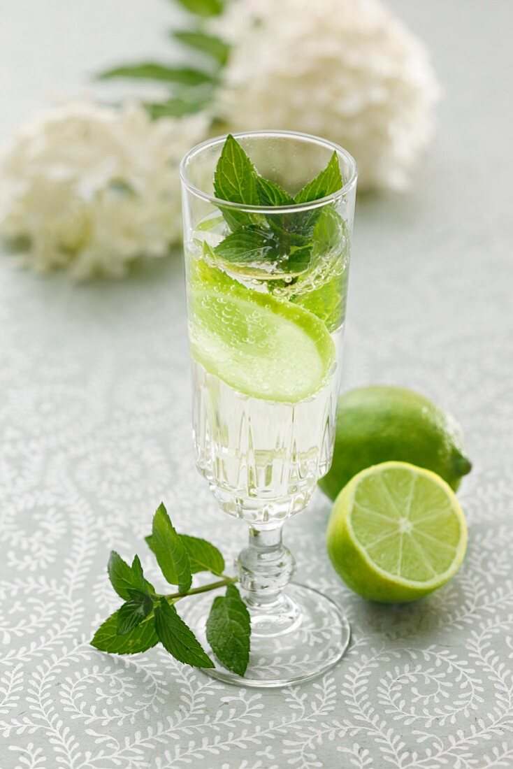 Hugo (a cocktail with elderflower syrup, champagne and limes)
