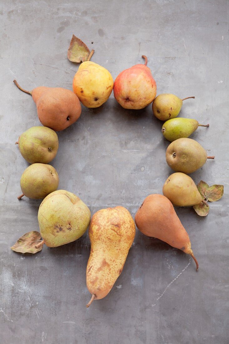 A circle made from assorted varieties of pear