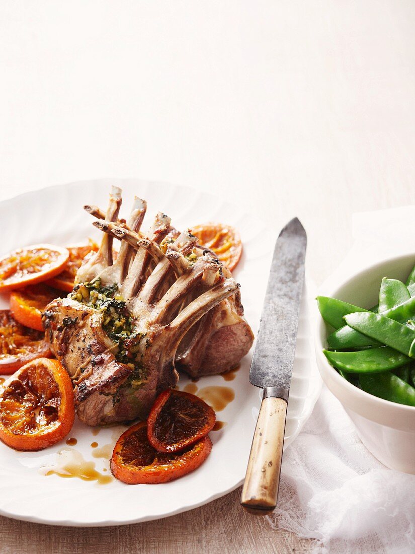 Stuffed lamb loin rack joint with candied blood oranges